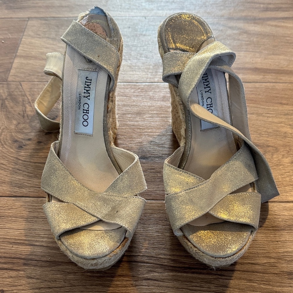 Jimmy Choo Gold Espadrille Wedge Sandals